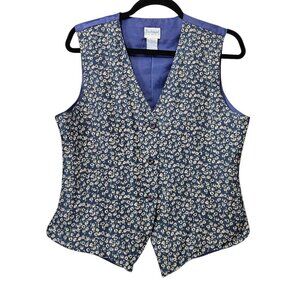 Backroad Blues Vintage Silk Floral Button Up Sleeveless Blue Lightweight Vest